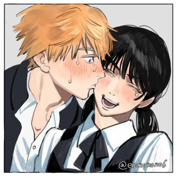 1boy 1girl black_hair chainsaw_man collared_shirt commentary_request couple denji_(chainsaw_man) dress enononono6 fourth_east_high_school_uniform gakuran hetero kiss kissing_cheek long_hair low_twintails mitaka_asa neck_ribbon open_mouth pinafore_dress ribbon school_uniform shirt simple_background sleeveless sleeveless_dress twintails white_shirt