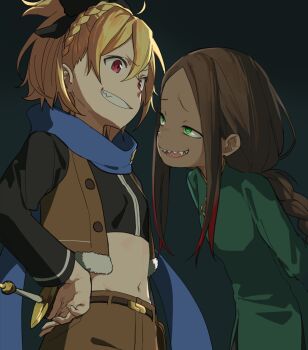 1boy 1girl 8_humi arms_behind_back belt black_shirt blonde_hair blue_scarf braid braided_ponytail brown_shorts brown_vest cowboy_shot crown_braid dress fang felt_(re:zero) forehead fur_trim green_dress green_eyes grin hand_on_own_hip high_ponytail highres hip_bones long_hair long_sleeves looking_at_another midriff navel parted_bangs ponytail re:zero_kara_hajimeru_isekai_seikatsu red_eyes roy_alphard scarf sharp_teeth shirt short_hair shorts sidelocks simple_background smile smirk stomach sword sword_on_back teeth vest weapon weapon_on_back