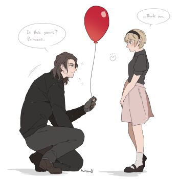 1boy 1girl animification avengers:_endgame avengers_(series) balloon black_jacket blue_eyes bob_cut brown_hair child cyborg english_text facial_hair hairband jacket bucky_barnes long_hair male_focus marvel marvel mary_janes mechanical_arms namahamu_(hmhm_81) original shoes single_mechanical_arm sparkle stubble