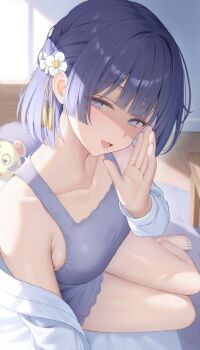 1girl asmr bare_shoulders barefoot bed_sheet blue_eyes blue_hair blush breasts collarbone commentary flower gakuen_idolmaster grey_shorts grey_tank_top hair_flower hair_ornament hataya_misuzu hibimaru highres idolmaster indoors jacket large_breasts long_sleeves looking_at_viewer mole mole_under_mouth off_shoulder on_bed open_clothes open_jacket open_mouth partially_shaded_face short_hair short_shorts shorts smile solo tank_top thighs toes whispering white_flower white_jacket