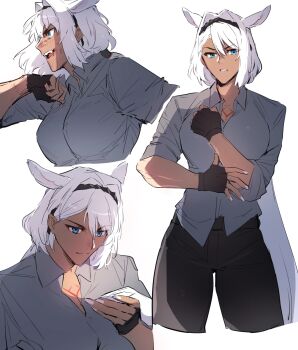 1girl alternate_costume anger_vein animal_ears black_gloves black_hairband black_pants blue_eyes body_markings caenis_(fate) closed_mouth collared_shirt dark-skinned_female dark_skin extra_ears fate/grand_order fate_(series) fingerless_gloves gloves grey_shirt hair_behind_ear hair_between_eyes hair_intakes hairband hand_up highres horse_ears long_hair looking_ahead looking_at_viewer looking_down low_ponytail multiple_views nail_polish open_mouth pants parted_lips ponytail ponytail_holder sabamori scratches shirt simple_background sleeves_rolled_up smile white_background white_hair white_nails