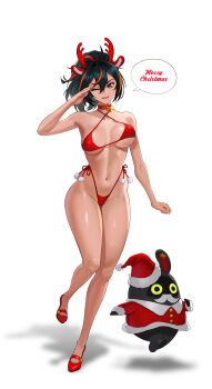 1girl absurdres alternate_costume animal_ear_hairband animal_ears antlers bangboo_(zenless_zone_zero) bikini black_hair breasts criss-cross_halter deer_antlers fake_animal_ears hairband halterneck high_heels highleg highleg_bikini highres horns large_breasts multicolored_hair one_eye_closed parted_lips ponytail red_bikini red_eyes red_hair red_shoes salute shoes side-tie_bikini_bottom smokedpaprika solo streaked_hair swimsuit white_background zenless_zone_zero zhu_yuan