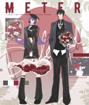 1boy 1girl absurdres alternate_costume ayn_alwyn belt_collar beret black_bow black_bowtie black_collar black_hair black_hat black_jacket black_leg_warmers black_pants black_ribbon black_shirt black_shoes black_skirt black_sweater bouquet bow bowtie center-flap_bangs chinese_commentary collar collared_shirt color_guide contrast_collar crop_top earrings english_text faceless faceless_female faceless_male facing_viewer fashion flipped_hair flower flower_earrings frilled_shirt_collar frilled_sleeves frills full_body gloves hair_between_eyes hair_ornament hairclip hand_in_pocket hat head_tilt heroine_(lovebrush_chronicles) highres holding holding_bouquet holding_case instrument_case jacket jewelry leaf leaf_background leg_warmers legwear_garter long_hair long_sleeves lovebrush_chronicles midriff miniskirt neck_ribbon open_clothes open_jacket oval_background pants pierced_hat pigeon-toed puffy_long_sleeves puffy_sleeves purple_hair red_background red_bow red_flower red_rose ribbon rose see-through_bag see-through_clothes see-through_sleeves shirt shoes short_hair side-by-side skirt sleeve_bow snow234 standing straight-on striped_background sweater transparent two-tone_background two-tone_shirt untucked_shirt v_arms violin_case white_background white_flower white_gloves white_shirt zoom_layer