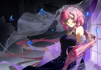 1girl bare_shoulders blue_butterfly breasts bug butterfly commentary curtains dress elf elysia_(herrscher_of_human:_ego)_(honkai_impact) elysia_(honkai_impact) fuyuhoshi27 highres honkai_(series) honkai_impact_3rd indoors insect jewelry large_breasts long_hair looking_at_viewer necklace painting_(object) pink_hair pointy_ears purple_dress smile solo very_long_hair window