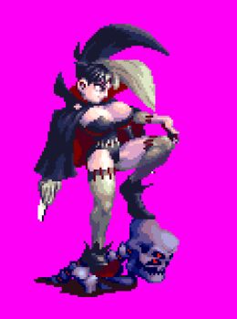 alternate_hair_length alternate_hairstyle animated animated_gif atlus black_hair bouncing_breasts breasts bustier cape cleavage elbow_gloves gloves high_collar huge_breasts knife leg_up lowres multicolored_hair necro_samantha pixel_art princess_crown red_eyes short_hair skeleton skull stitches thighhighs thighs two-tone_hair vampire_costume vanillaware walk_cycle
