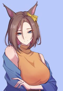 1girl air_groove_(umamusume) animal_ears blue_background bow ear_bow ear_chain ear_ornament highres horse_ears horse_girl linked_piercing mature_female piercing shoutz_wa simple_background smile solo umamusume upper_body