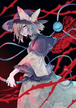 1girl absurdres black_hat bow collared_shirt dark_background floral_print green_hair green_skirt hat hat_bow highres koishi_day komeiji_koishi looking_at_viewer muraryo open_mouth pink_eyes rose_print shawl shirt short_hair skirt solo third_eye touhou walking yellow_bow yellow_shirt