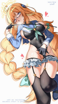 1girl absurdres ahoge artist_name black-framed_eyewear black_gloves black_leotard black_thighhighs blue_archive blue_eyes blue_sailor_collar blue_shrug bow braid breasts chinese_commentary commentary_request covered_navel dominatrix foot_out_of_frame frilled_thigh_strap glasses gloves green_bow green_neckerchief hair_bow hair_flaps hair_ornament half_gloves halo hand_up heart heart-shaped_pupils heattech_leotard heavy_breathing highres holding holding_riding_crop imminent_stomping impossible_clothes impossible_leotard large_breasts leg_up legwear_garter leotard long_hair long_sleeves looking_at_viewer low_twin_braids lying neckerchief on_back orange_hair parted_lips pussy pussy_juice riding_crop sailor_collar semi-rimless_eyewear shimiko_(blue_archive) shimiko_(magical)_(blue_archive) shrug_(clothing) sidelocks silver4581 solo symbol-shaped_pupils thigh_gap thigh_strap thighhighs turtleneck twin_braids twitter_username under-rim_eyewear very_long_hair white_background white_trim yellow_halo