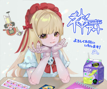 Rule 34 | 1girl, blonde hair, bow, bowtie, closed mouth, colored sclera, creature, doll, doll joints, drink carton, drinking straw, duel masters, ekusiun, elbow on table, frilled headwear, grey background, hands on own chin, jenny (duel masters), joints, juice box, long hair, looking at viewer, nail polish, official art, red bow, red bowtie, red nails, red sclera, shirt, short sleeves, signature, solo, sparkle, trading card, translation request, upper body, white shirt, yellow eyes