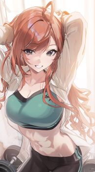 Rule 34 | 1girl, ahoge, arisugawa natsuha, arms behind head, arms up, black pants, breasts, cleavage, collarbone, collared shirt, commentary request, dumbbell, earrings, eyelashes, foreshortening, green sports bra, grey shirt, highres, idolmaster, idolmaster shiny colors, jewelry, long hair, long sleeves, looking at viewer, medium breasts, navel, open clothes, open shirt, orange hair, pants, parted lips, shirt, sitting, smile, solo, sports bra, stomach, swept bangs, turning head, uouokuma, white shirt, yoga pants