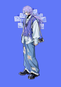 1boy absurdres alternate_costume attsei black_shirt black_shoes blue_hair camera commentary_request denim frown full_body grey_eyes grey_shirt highres hoshirube_sho jeans long_hair long_sleeves looking_at_viewer male_focus nijisanji pants photo_(object) purple_background purple_hair purple_vest shirt shoes simple_background solo string_of_photos striped_clothes striped_shirt torn_clothes torn_jeans torn_pants torn_vest undershirt vertical-striped_clothes vertical-striped_shirt vest virtual_youtuber