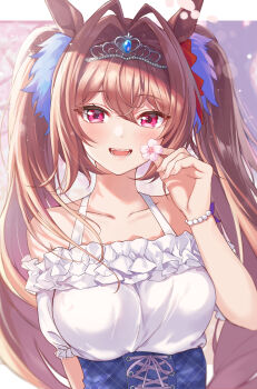 1girl :d absurdres animal_ears antenna_hair bare_shoulders blue_skirt bow bracelet breasts brown_hair collarbone daiwa_scarlet_(casual)_(umamusume) daiwa_scarlet_(umamusume) flower frills hair_between_eyes hair_bow hair_intakes high-waist_skirt highres holding holding_flower horse_ears horse_girl jewelry kurokin long_hair looking_at_viewer medium_breasts off-shoulder_shirt off_shoulder open_mouth puffy_short_sleeves puffy_sleeves red_bow red_eyes shirt short_sleeves skirt smile solo tiara twintails umamusume upper_body very_long_hair white_shirt