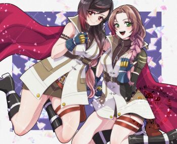 Rule 34 | 2girls, aerith gainsborough, aerith gainsborough (guardian corps uniform), armband, black armband, black boots, black hair, boots, border, braid, breasts, brown hair, brown skirt, brown sweater, cape, closed mouth, commentary request, cosplay, elbow gloves, final fantasy, final fantasy vii, final fantasy vii: ever crisis, final fantasy xiii, fingerless gloves, gloves, gradient hair, green eyes, hair over one eye, large breasts, light blush, lightning farron, lightning farron (cosplay), long hair, low-tied long hair, medium breasts, miniskirt, multicolored hair, multiple girls, official alternate costume, open mouth, pink hair, purple background, red cape, red eyes, shikiwo, single bare shoulder, single braid, single elbow glove, single shoulder pad, skirt, sleeveless, sleeveless turtleneck, smile, sweater, tifa lockhart, tifa lockhart (guardian corps uniform), turtleneck, two-tone hair, vest, watermark, white border, white vest