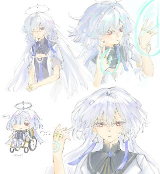 Rule 34 | .osari, 1girl, colored eyelashes, commentary, earrings, flat chest, grey hair, hair over one eye, halo, hands up, highres, jacket, jewelry, long hair, mornye (wuthering waves), multiple rings, multiple views, parted lips, red eyes, ring, simple background, symbol-only commentary, triangle earrings, wheelchair, white background, white jacket, wuthering waves