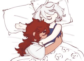 Rule 34 | 2girls, blue tank top, closed eyes, closed mouth, cuddling, gundam, gundam suisei no majo, jewelry, long hair, miorine rembran, multiple girls, nandmmy03, pillow, red hair, ring, shirt, short hair, sleeping, suletta mercury, tank top, thick eyebrows, under covers, wedding ring, white hair, white shirt, wife and wife, yuri