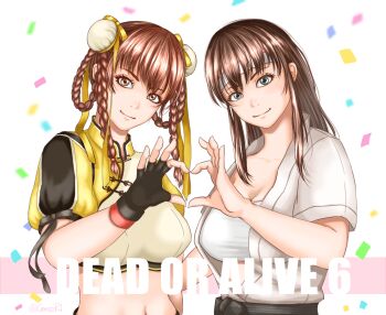 blue_eyes braid braided_hair_rings breasts brown_eyes brown_hair cleavage dead_or_alive dead_or_alive_6 double_bun dougi fingerless_gloves gloves hair_bun hair_rings hairband haruki_(cerezo_r1) heart heart_hands heart_hands_duo hitomi_(doa) karate_gi lei_fang long_hair looking_at_viewer midriff pankou sidelocks smile white_hairband