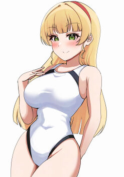 arm_behind_back bare_arms blonde_hair blunt_bangs blunt_ends blush breasts closed_mouth commentary_request covered_navel cowboy_shot green_eyes headband heanna_sumire heart heart-shaped_pupils highres large_breasts long_hair love_live! love_live!_superstar!! one-piece_swimsuit pisagi sidelocks simple_background smile standing swimsuit symbol-shaped_pupils white_background white_one-piece_swimsuit