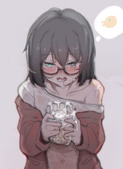 1girl animal aqua_eyes bare_shoulders black-framed_eyewear black_hair blush breasts collarbone cum cum_in_container cum_in_cup cum_in_mouth cum_on_body cum_on_hair cup facial fang fish glasses goldfish hair_between_eyes highres holding holding_cup kamikoshi_sorawo liquid medium_breasts mug navel open_mouth sketch solo speech_bubble suggestive_fluid teeth thought_bubble upper_teeth_only urasekai_picnic wet yukikuma_(yukikuma_018)