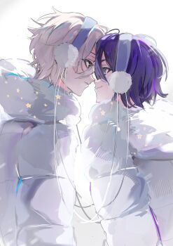 2boys blue_lock brown_eyes eye_contact forehead-to-forehead headphones heads_together highres iyz0blcpczqtlea jacket looking_at_another mikage_reo multiple_boys nagi_seishirou purple_eyes purple_hair short_hair star_(symbol) white_background white_hair white_jacket winter_clothes yaoi