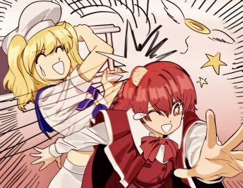 Rule 34 | 2girls, blonde hair, blue sailor collar, cape, chair, dress, emphasis lines, folded chair, folding chair, hat, head bump, highres, kitashirakawa chiyuri, long hair, long sleeves, motion lines, multiple girls, okazaki yumemi, phantasmagoria of dim.dream, red cape, red eyes, red hair, red vest, retro artstyle, sailor, sailor collar, sailor hat, shirt, short hair, smile, speed lines, star-shaped pupils, star (symbol), symbol-shaped pupils, takemoto izumi (style), touhou, touhou (pc-98), turtle-kun, twintails, vest, white shirt