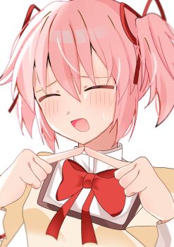 1girl ^_^ blush bow bowtie closed_eyes commentary_request highres index_fingers_together kaname_madoka mahou_shoujo_madoka_magica mahou_shoujo_madoka_magica_(anime) mitakihara_school_uniform open_mouth pink_hair puffy_sleeves rate11717991 red_bow red_bowtie school_uniform short_hair short_twintails simple_background solo twintails white_background