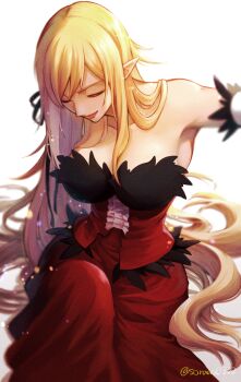 Rule 34 | 1girl, artist name, bare shoulders, breasts, cleavage, closed eyes, commentary request, dress, kiss-shot acerola-orion heart-under-blade, kizumonogatari, large breasts, long hair, monogatari (series), oshino shinobu, pointy ears, red dress, smile, solo, soraao0322, twitter username