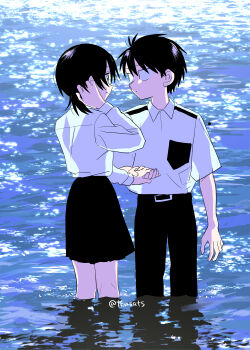 1boy 1girl black_hair commentary_request couple eye_contact highres looking_at_another ocean original short_hair skirt takanashi_atashi wading water
