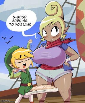 1boy 1girl alternate_breast_size alternate_penis_size blonde_hair breasts bulge closed_eyes clothes dark-skinned_female dark_skin english_text erection erection_under_clothes highres huge_breasts huge_penis interracial link long_hair looking_at_viewer morning_wood nintendo open_mouth penis pointy_ears size_difference spakka5 speech_bubble testicles tetra the_legend_of_zelda the_legend_of_zelda:_the_wind_waker toon_link veins veiny_penis