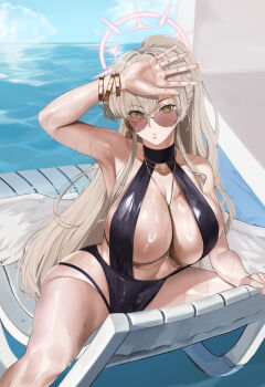 1girl absurdres arm_up black_one-piece_swimsuit blue_archive bracelet breasts cleavage curvy earrings gcg gold_bracelet halo highres hoop_earrings jewelry large_breasts long_hair looking_at_viewer nagisa_(blue_archive) one-piece_swimsuit revision sitting solo spread_legs sunglasses swimsuit thighs very_long_hair water wet