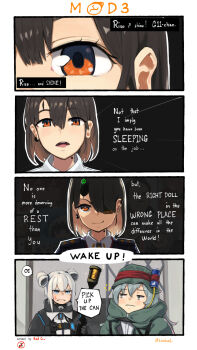 Rule 34 | 3girls, 4koma, anger vein, blue eyes, brown eyes, brown hair, can, closed mouth, comic, english text, g-man, g11 (girls' frontline), g11 (mod3) (girls' frontline), genderswap, genderswap (mtf), girls' frontline, green headwear, green jacket, grey hair, hair between eyes, half-life, half-life (series), half-life 2, hat, highres, jacket, kion-kun, looking at viewer, medium hair, mod3 (girls' frontline), mole, mole on neck, mole under eye, multiple girls, open mouth, overwatch standard issue pulse rifle (girls' frontline) (kion-kun), parody, speech bubble