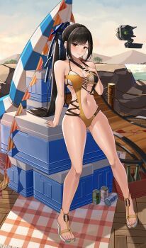 absurdres arm_support armpit_crease bare_shoulders beach beach_umbrella black_hair blue_sky blush bottle boulder box breasts brown_eyes bunting can chinese_commentary cleavage closed_mouth closed_umbrella cloud commentary commentary_request cooler cropped drink_can earrings english_commentary eve_(stellar_blade) fishnets full_body gluteal_fold groin hand_on_own_chest high_heel_sandals high_ponytail highres hill jewelry jfzm001 leaning_back long_hair looking_at_viewer looking_to_the_side medium_breasts mixed-language_commentary monokini navel on_box one-piece_swimsuit outdoors picnic_blanket pigeon-toed ponytail sandals sideways_glance sitting sitting_on_box sky smile stellar_blade straight_hair string_of_flags swept_bangs swimsuit thighs tree umbrella variant_set wooden_floor yellow_one-piece_swimsuit yellow_sandals