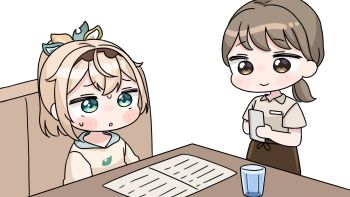 2girls :o blonde_hair blue_eyes blush_stickers brown_eyes brown_hair brown_hoodie brown_shirt brown_skirt chibi closed_mouth collared_shirt commentary_request couch cup drinking_glass hair_between_eyes highres holding hololive hood hood_down hoodie kazama_iroha long_hair low_ponytail mochimiko multiple_girls on_couch parted_lips ponytail shirt short_sleeves simple_background sitting skirt smile sweat table virtual_youtuber waitress white_background