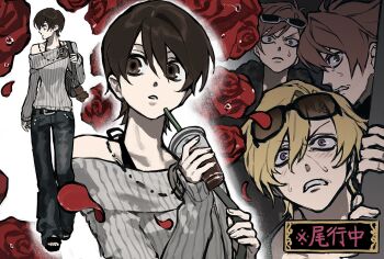 1girl 3boys absurdres bag black-framed_eyewear black_pants blonde_hair brothers brown_eyes brown_hair cup disposable_cup drinking_straw eyewear_on_head floral_background flower frown fujioka_haruhi grey_sweater hair_between_eyes highres hitachiin_hikaru hitachiin_kaoru holding holding_cup long_sleeves looking_at_another ma0ma0_0 multiple_boys off-shoulder_sweater off_shoulder ouran_high_school_host_club pants parted_lips purple_eyes red_flower red_rose ribbed_sweater rose sanpaku short_hair shoulder_bag siblings sunglasses suou_tamaki sweat sweater twins v-shaped_eyebrows white-framed_eyewear