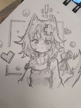 ! !! 1girl absurdres animal_ear_fluff animal_ears blush bow bubble cat_ears cat_girl cat_tail chasiibles closed_mouth commentary cropped_torso d-pad d-pad_hair_ornament english_commentary eyelashes filian_(vtuber) graphite_(medium) greyscale hair_ornament heart highres indie_virtual_youtuber long_sleeves mint_(vrchat) monochrome overalls shirt short_hair solo tail tail_bow tail_ornament traditional_media virtual_youtuber