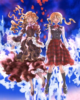 2girls abstract_background absurdres aged_down backlighting beatrice_(umineko) black_socks black_vest blonde_hair blunt_bangs bow bowtie brown_dress dress floating_clothes floating_hair frilled_dress frilled_sleeves frills full_body hand_on_own_stomach happy high_heels highres kneehighs light_blush loafers long_hair luanmaexxx multiple_girls pink_bow plaid_clothes plaid_skirt puffy_sleeves pumps red_bow red_bowtie red_dress red_skirt shirt shoes skirt socks twintails umineko_no_naku_koro_ni ushiromiya_rosa vest wavy_hair white_shirt wide_sleeves yellow_trim