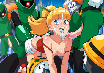1girl 3boys blonde_hair blue_eyes blush breasts bukkake cum cum_in_mouth gang_rape joints mega_man_(classic) multiple_boys ponytail robot robot_joints roll_(mega_man) sex sex_from_behind small_breasts tekuho_no_habo
