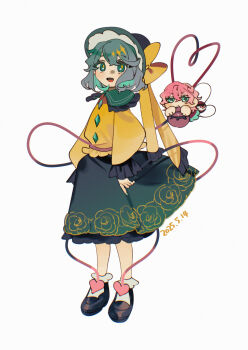 2girls absurdres black_hat blouse bow buttons chibi diamond_button eyeball floral_print frilled_shirt_collar frilled_sleeves frills green_hair green_skirt hair_ornament hairband hat hat_bow hat_ribbon heart heart_hair_ornament heart_of_string highres komeiji_koishi komeiji_satori multiple_girls open_mouth pink_hair ribbon rose_print shi_chimi shirt skirt solo_focus third_eye timestamp touhou white_background yellow_bow yellow_ribbon yellow_shirt