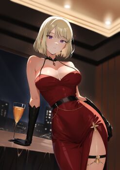1girl absurdres arm_support armpit_crease bare_shoulders belt black_belt black_choker black_gloves blonde_hair breasts cha_hae-in choker collarbone cup dress drinking_glass earrings gloves highres jewelry large_breasts leaning_to_the_side light_particles night purple_eyes red_dress redlynx short_hair side_slit solo solo_leveling spaghetti_strap thigh_strap window