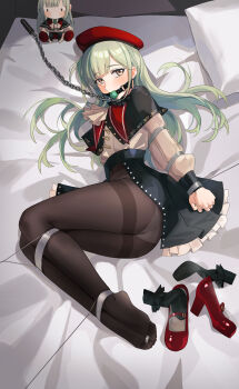 1girl absurdres arms_behind_back ascot ave_mujica_(bang_dream!) ball_gag bang_dream! bang_dream!_it&#039;s_mygo!!!!! bdsm bed beret black_capelet black_pantyhose bondage bound bound_ankles bound_arms bound_legs bound_toes bound_wrists capelet character_doll chuck_(harfmoondark) clenched_hands collar doll female_focus gag gagged green_hair hat highres jewelry leash looking_at_viewer lying mary_janes mortis_(bang_dream!) mortis_(costume)_(bang_dream!) no_pants on_bed on_side panties panties_under_pantyhose pantyhose pillow puppet_strings red_hat red_shoes see-through_clothes see-through_sleeves shoes slave socks solo underwear unworn_shoes unworn_socks wakaba_mutsumi wakaba_mutsumi_(doll) yellow_eyes
