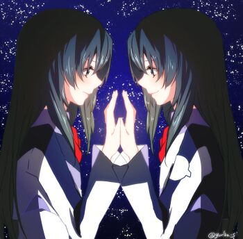 Rule 34 | 10s, 2girls, bad id, bad pixiv id, black hair, grey eyes, holding hands, long hair, long sleeves, minashiro orihime, minashiro tsubaki, mother and child, mother and daughter, multiple girls, parent and child, profile, smile, soukyuu no fafner, time paradox, twitter username, uniform, yuriha