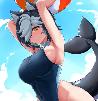 1girl animal_ears armpits arms_up ball beachball black_hair blue_one-piece_swimsuit blue_sky breasts cat_ears cat_girl cetacean_tail competition_swimsuit covered_navel day excited eyelashes female_focus fins fish_tail from_below from_side grey_hair grin hair_over_one_eye indie_virtual_youtuber large_breasts looking_at_viewer looking_down looking_to_the_side multicolored_hair naughty_face one-piece_swimsuit orca_girl outdoors pov short_hair sky slash-ex smile solo swimsuit tail teeth tomboy two-tone_hair upper_body virtual_youtuber wide_hips yellow_eyes yuun_kurosu