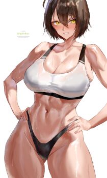 1girl abs absurdres azur_lane baltimore_(azur_lane) black_panties blush breasts brown_hair cleavage collarbone commentary_request curvy hair_between_eyes hands_on_own_hips highres igiroitsu large_breasts looking_at_viewer muscular muscular_female navel panties shiny_skin short_hair simple_background smile solo sports_bra sweat thong twitter_username underwear white_background wide_hips yellow_eyes