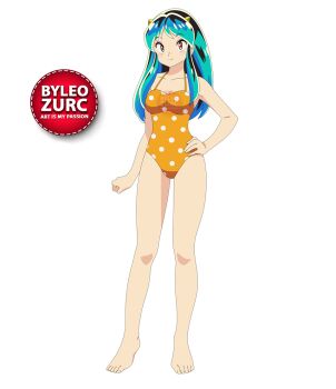 Rule 34 | 1girl, barefoot, blush, breasts, feet, green hair, horns, leozurcxxx, long hair, lum, smile, solo, swimsuit, transparent background, urusei yatsura