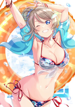 Rule 34 | 1girl, absurdres, armpits, bikini, bikini day, blue eyes, blue nails, blue sweater, bracelet, breasts, brown hair, cloud, donut innertube, fingernails, floral print, highres, innertube, iroenpitsu xxx, jewelry, large breasts, looking at viewer, love live!, love live! sunshine!!, nail polish, navel, one eye closed, ponytail, short hair, signature, sky, smile, solo, sweater, swim ring, swimsuit, upper body, watanabe you, water, water drop, watermark