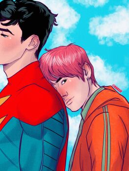 Rule 34 | 2boys, black hair, blue eyes, blush, brown eyes, cape, cloud, commentary, dc comics, ear piercing, earrings, english commentary, head on another's back, highres, hood, hood down, hoodie, jay nakamura, jewelry, jonathan kent, looking ahead, male focus, multiple boys, multiple earrings, orange hoodie, parted lips, piercing, pink hair, red cape, ro asif, sideburns, sky, striped clothes, striped hoodie, superhero costume, superman: son of kal-el, superman (series), twitter username, upper body, yaoi