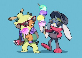 baseball_cap black_headwear blue-framed_eyewear chibikemo clothed_pokemon collared_shirt commentary_request food gen_8_pokemon hand_in_pocket hat hemhemhoo highres holding ice_cream ice_cream_cone looking_back nintendo open_clothes open_shirt pokemon pokemon_(creature) purple_shirt raboot red-framed_eyewear shirt smile standing sunglasses thwackey