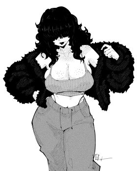 1girl absurdres body_freckles breast_freckles breasts cleavage closed_mouth commentary covered_eyes cowboy_shot crop_top english_commentary facing_viewer freckles fur_jacket greyscale hair_over_eyes hatching_(texture) highres jacket large_breasts lipstick long_bangs long_hair long_sleeves makeup miregeist monochrome original pants panty_straps simple_background solo white_background