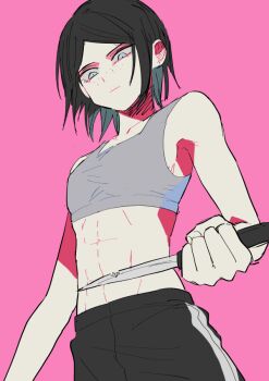 1girl abs bare_arms stomach black_hair breasts cutting danganronpa:_trigger_happy_havoc danganronpa_(series) freckles grey_eyes ikusaba_mukuro knife looking_down low_angle medium_hair muscular muscular_female navel neck pants pink_background self-harm small_breasts sports_bra sportswear stomach track_pants