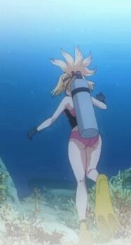 1girl animated animated_gif ass bikini blonde_hair breasts dr._stone female_focus fish flippers gloves goggles kohaku_(dr._stone) long_hair medium_breasts navel ocean oxygen_mask oxygen_tank pink_bikini ponytail scuba_gear scuba_tank solo swimsuit underwater