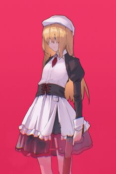 Rule 34 | 1other, absurdres, black dress, blonde hair, closed mouth, commentary request, covered eyes, dress, gun, hat, highres, holding, holding gun, holding weapon, level3, long hair, maid, red background, simple background, spoilers, standing, umineko no naku koro ni, weapon, white hat, yasu (umineko)